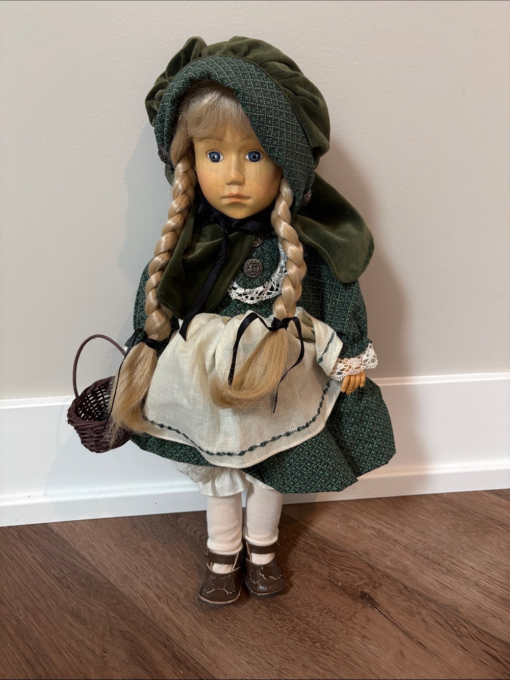 Hand painted Wood Vintage-Style Green Fabric Doll with Blonde Braids Dutch 18”